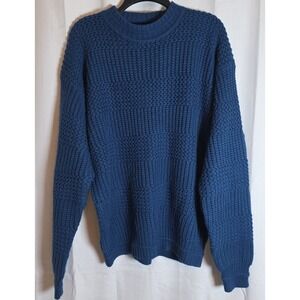 Vintage 90s Saugatuck Navy Blue Acrylic Cable Knit Sweater Size L Grandpa Core